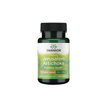 Swanson Prebiotic Jerusalem Artichoke, 90% inulin, supports digestive health with 60 capsules per bottle.